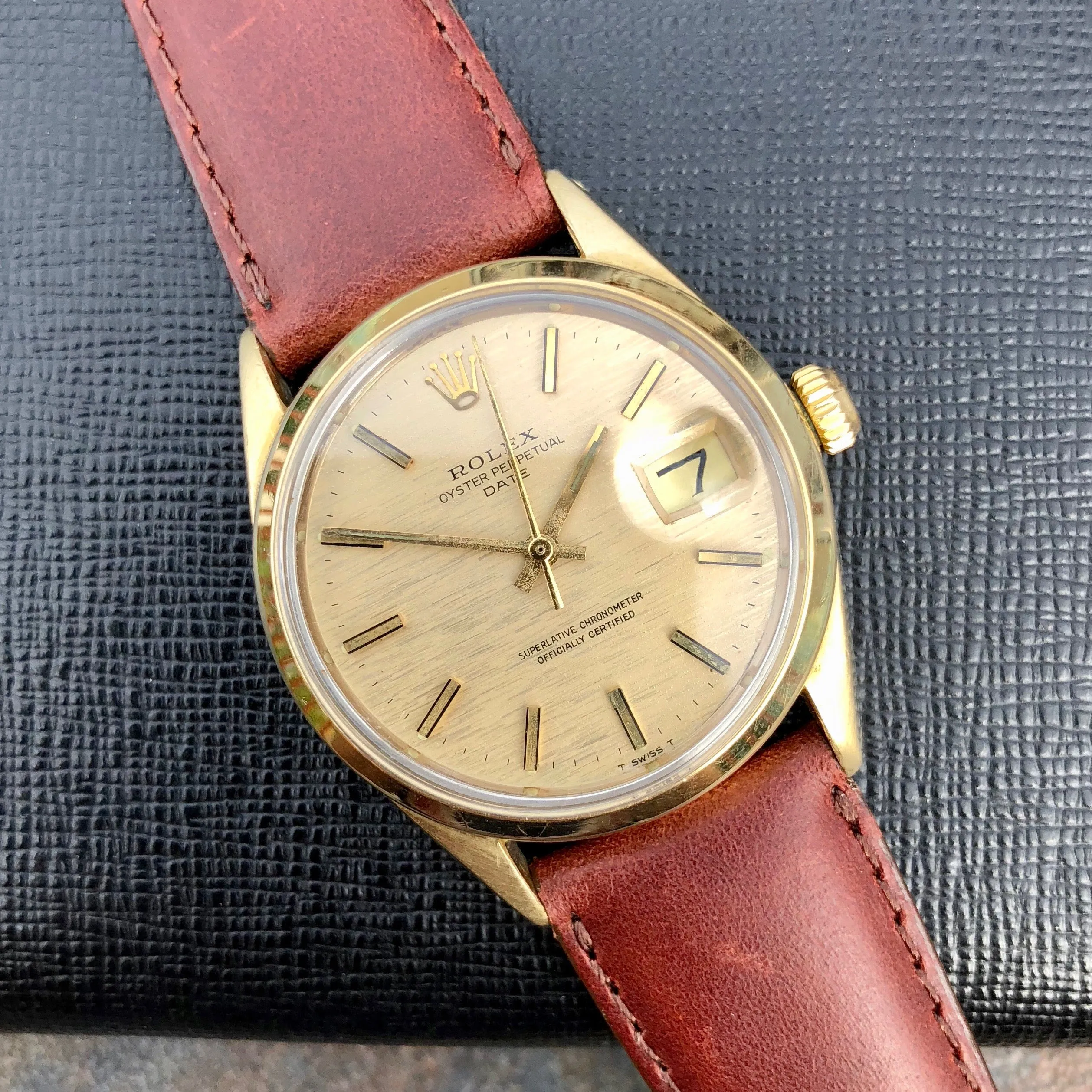 Vintage Rolex Date 1550 14K Gold Capped Steel Oyster Perpetual Cal 1570 Wristwatch Circa 1970