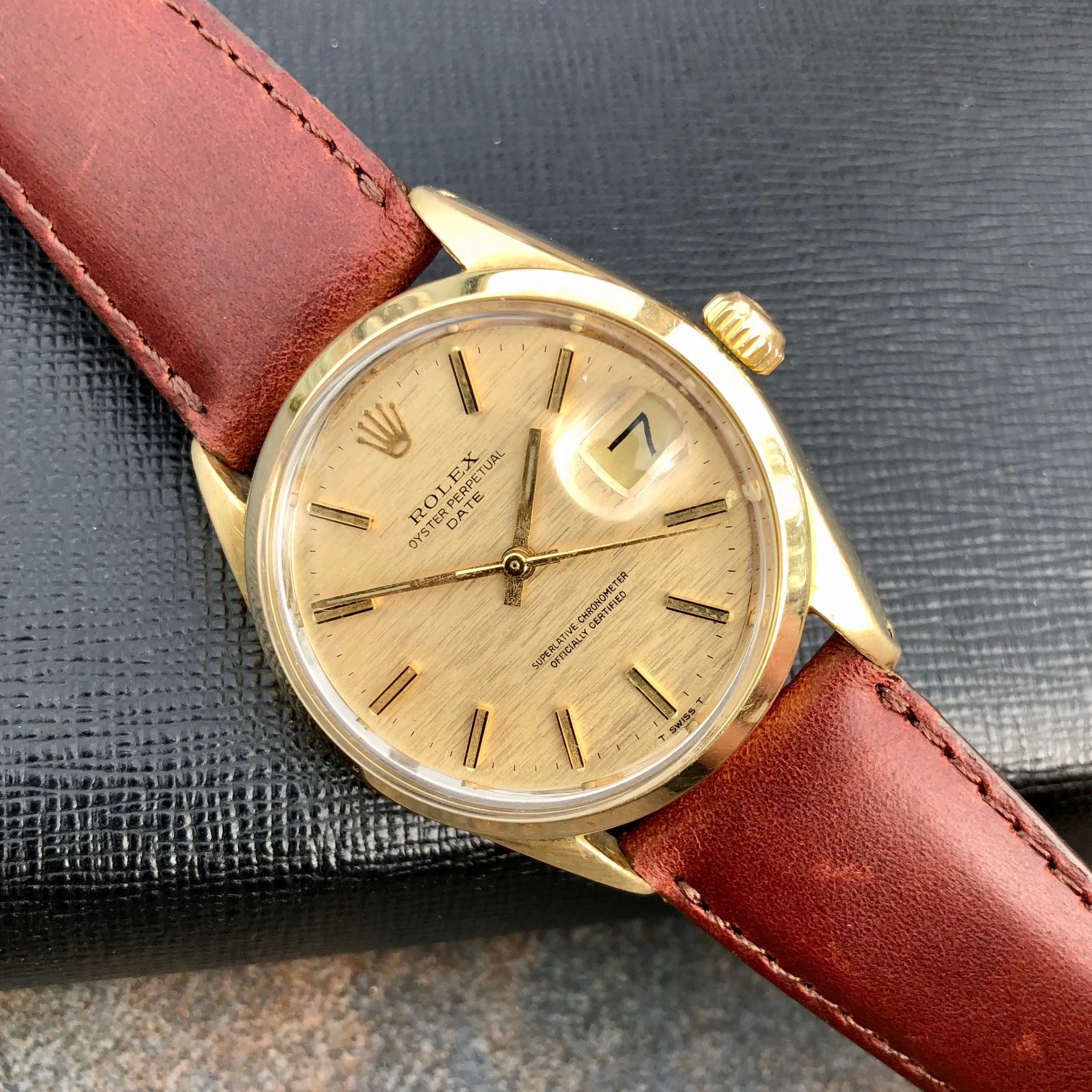 Vintage Rolex Date 1550 14K Gold Capped Steel Oyster Perpetual Cal 1570 Wristwatch Circa 1970