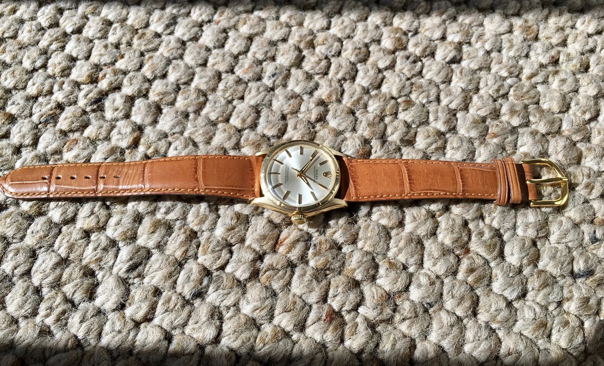 Vintage Rolex Oyster Perpetual 6085 14K Yellow Gold Silver 1954 Wristwatch