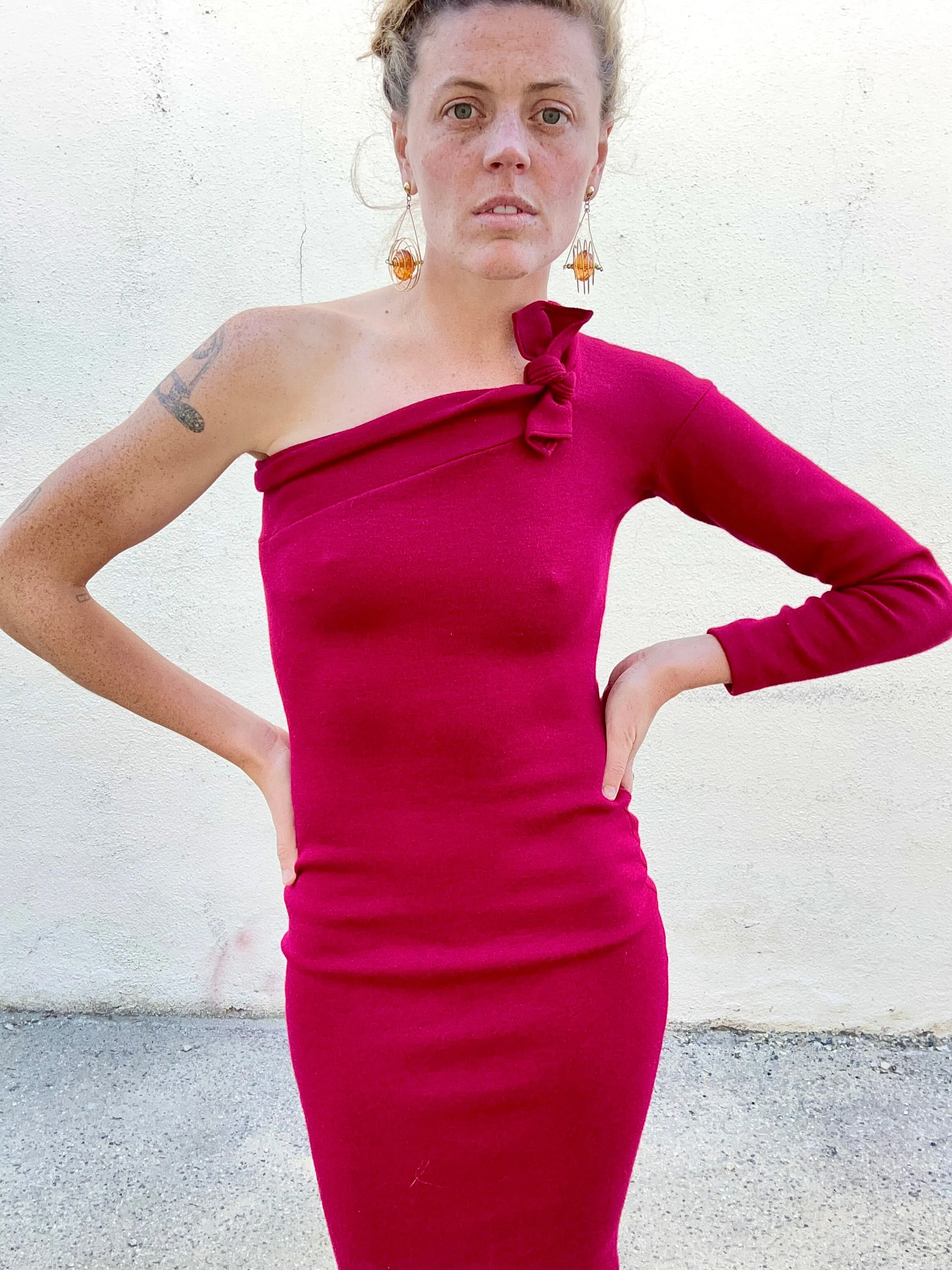 Vintage Romeo Gigli Asymmetrical Rouge Wool Bodycon Dress