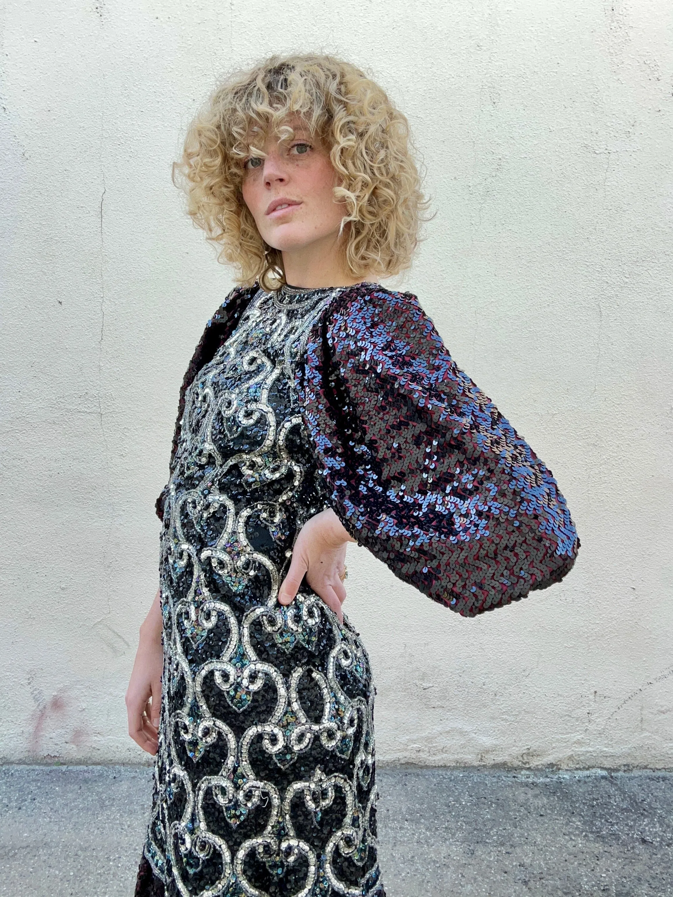 Vintage Sequin Dress With Puff Sleeves