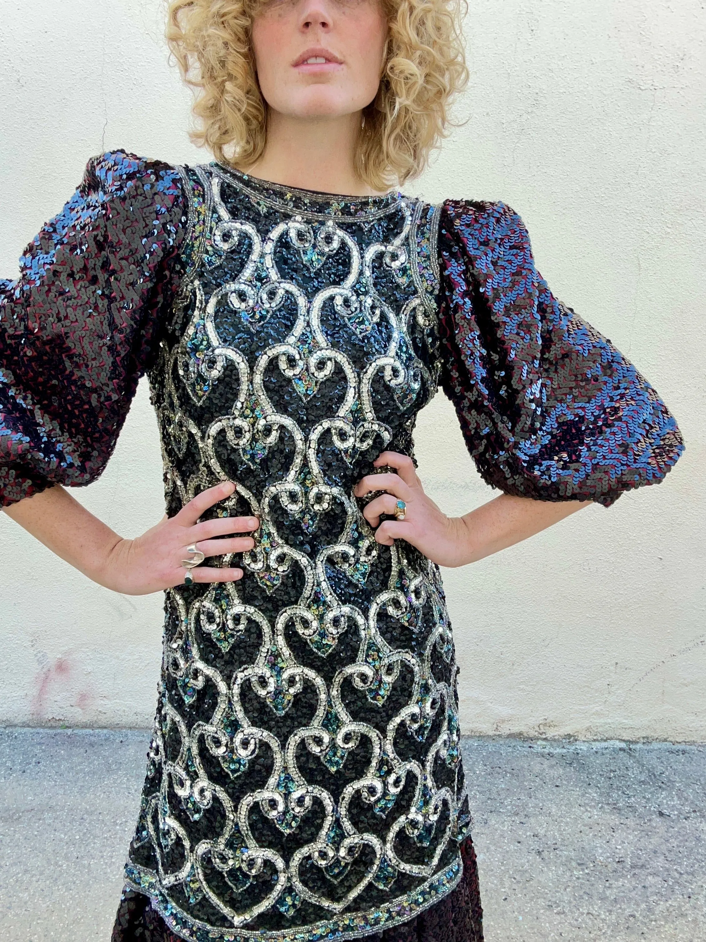 Vintage Sequin Dress With Puff Sleeves
