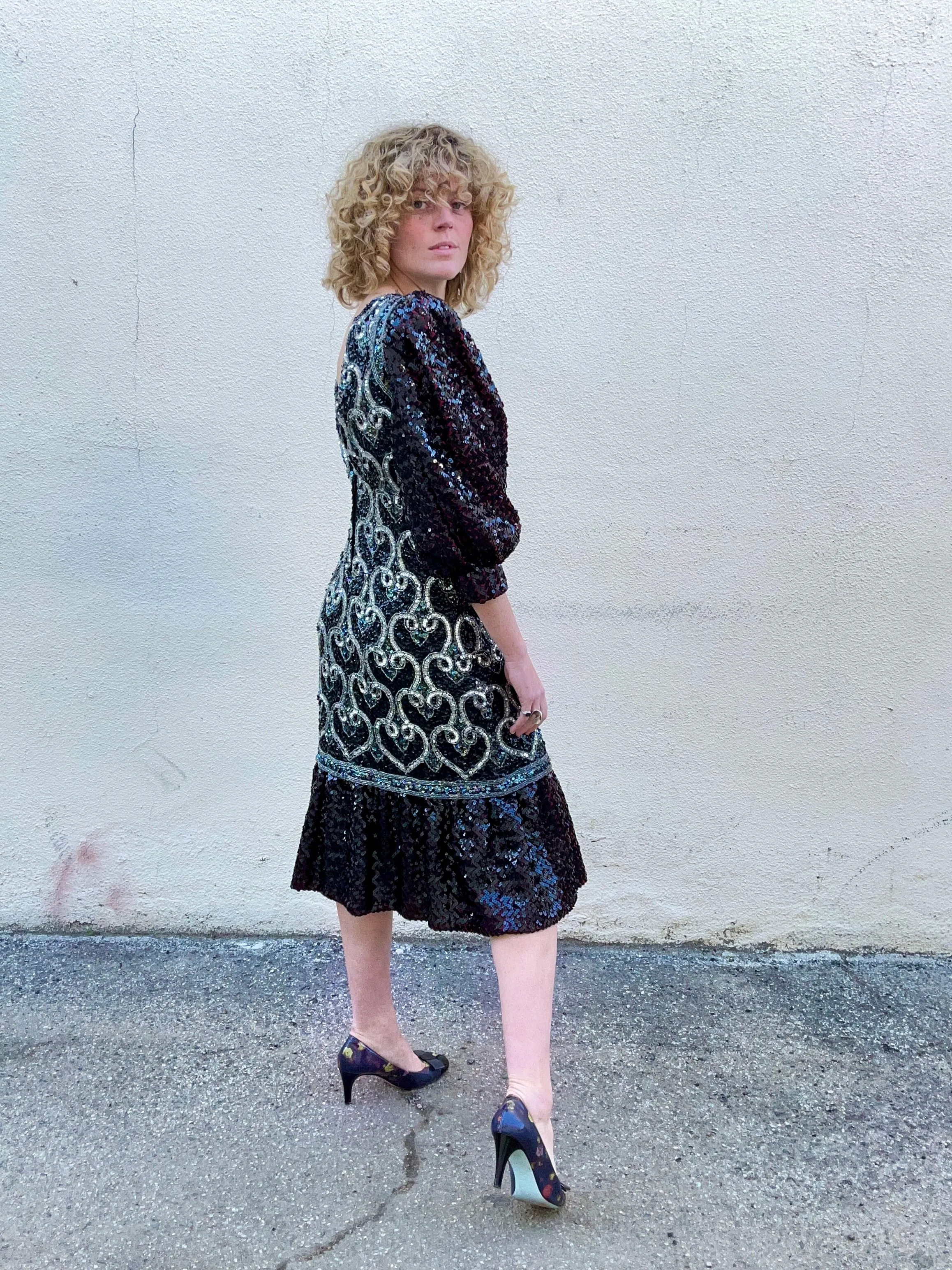 Vintage Sequin Dress With Puff Sleeves