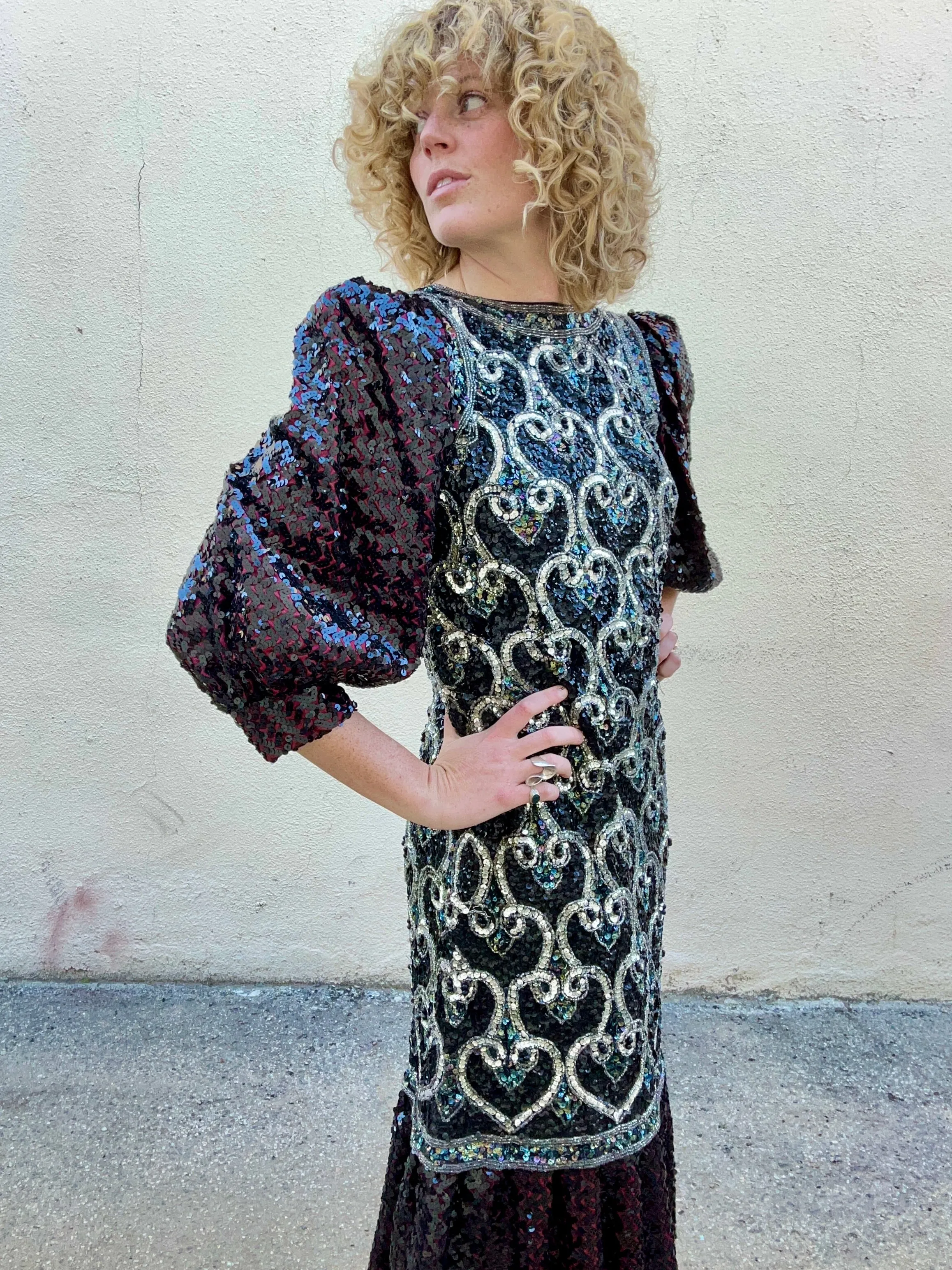 Vintage Sequin Dress With Puff Sleeves