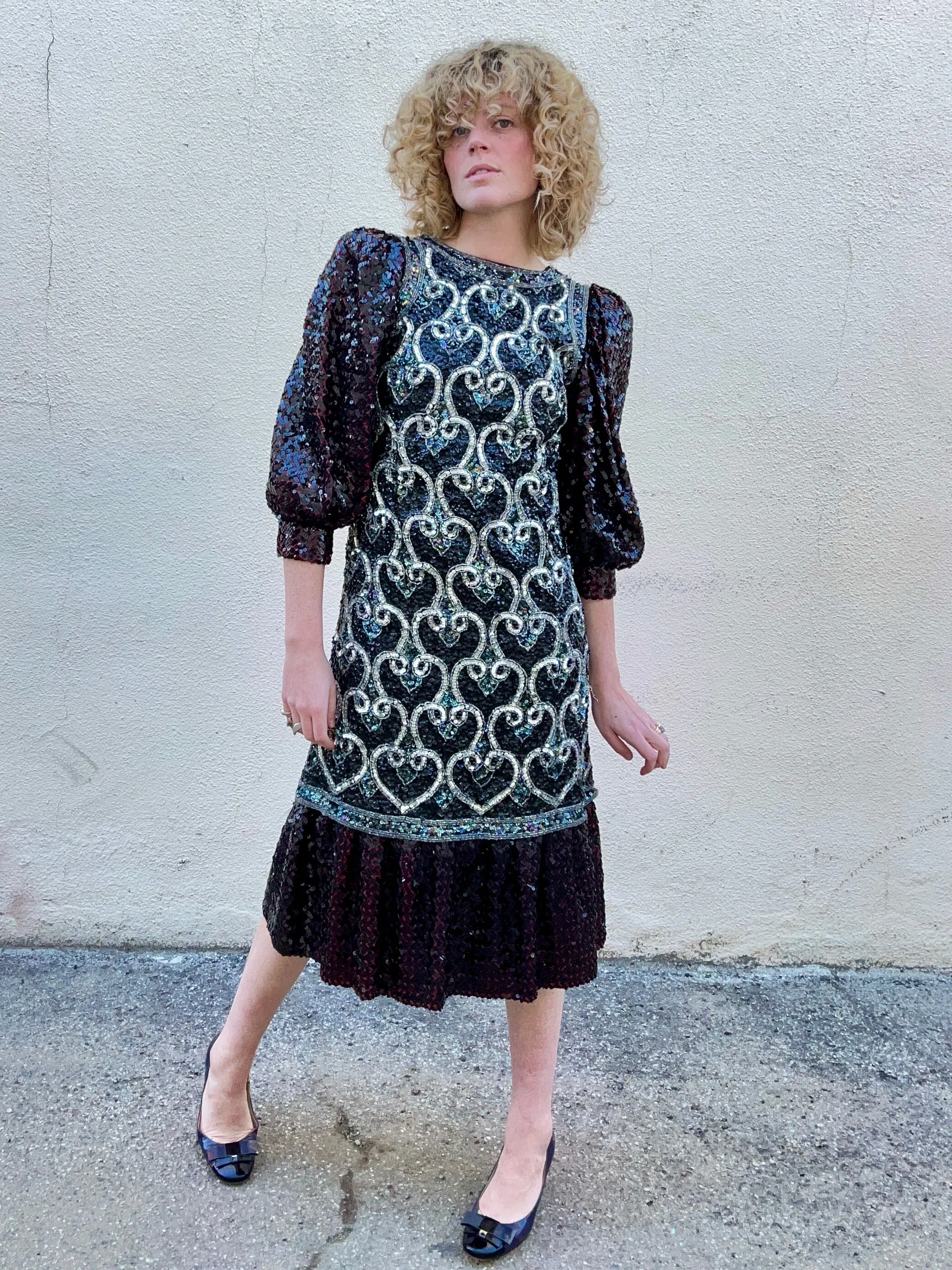 Vintage Sequin Dress With Puff Sleeves