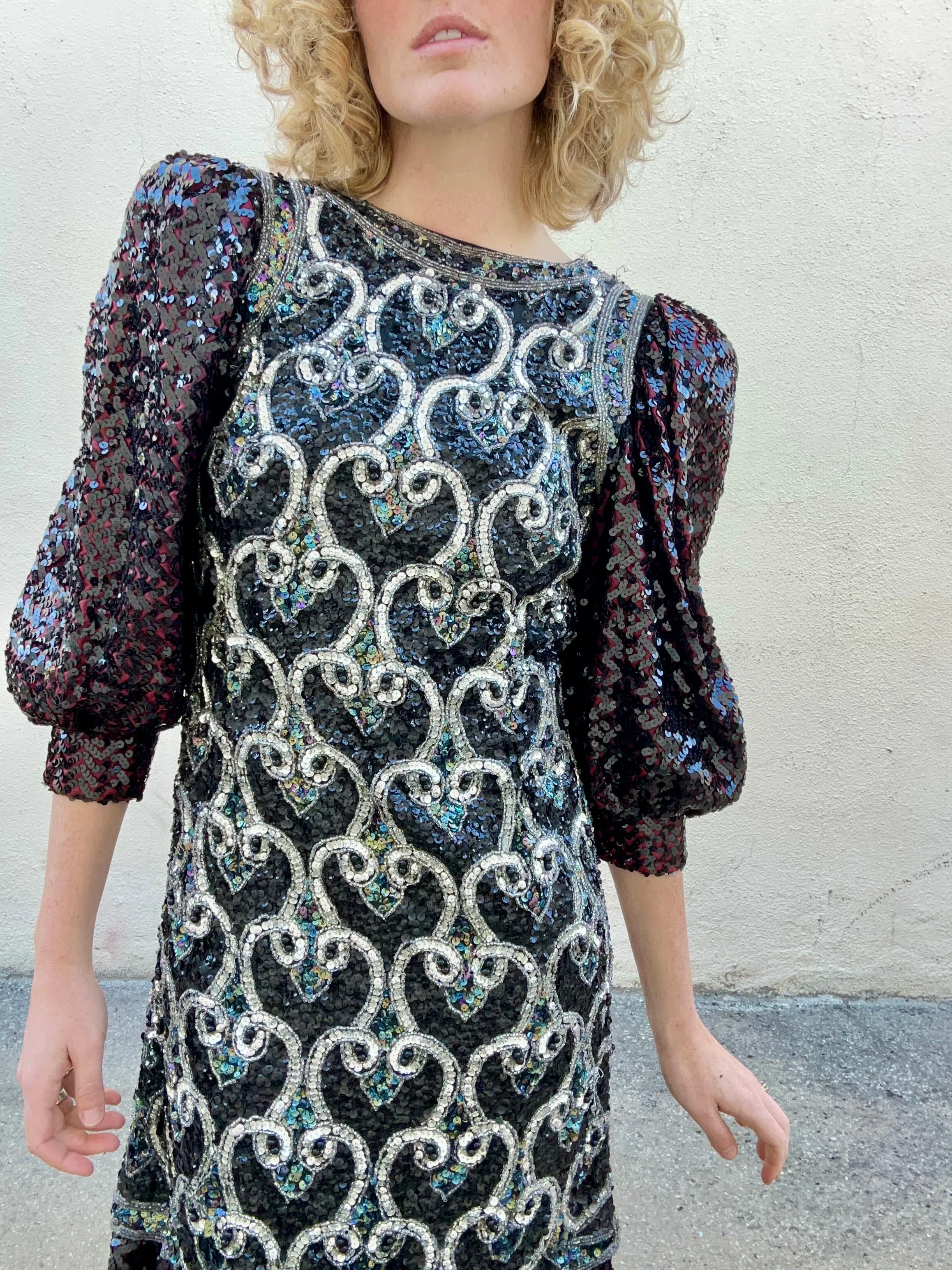 Vintage Sequin Dress With Puff Sleeves