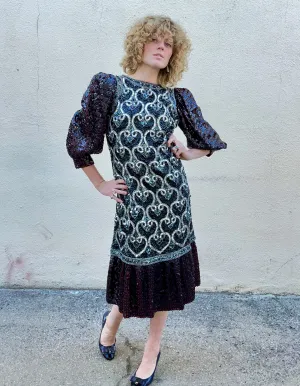 Vintage Sequin Dress With Puff Sleeves