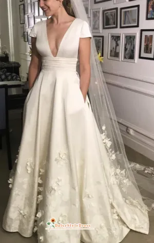 Vintage Short Sleeve Deep V-neck Wedding Dress