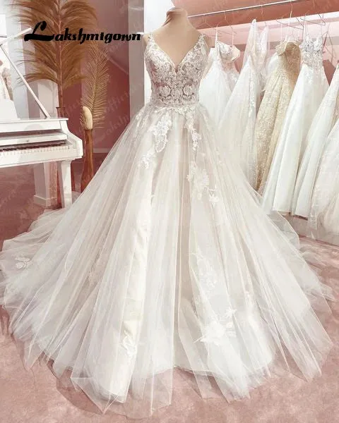 Vintage  Spaghetti Straps  Wedding Dress 2024 Lace Applqiues V Neck Bridal Gown Tulle A Line Vestido