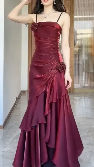Vintage Square Neckline Burgundy Party Dress