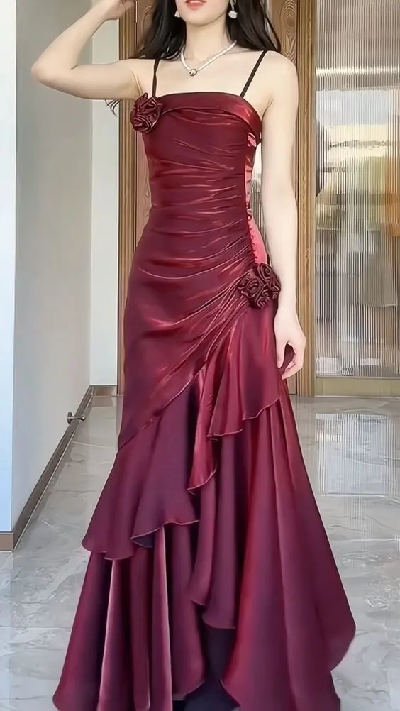 Vintage Square Neckline Burgundy Party Dress