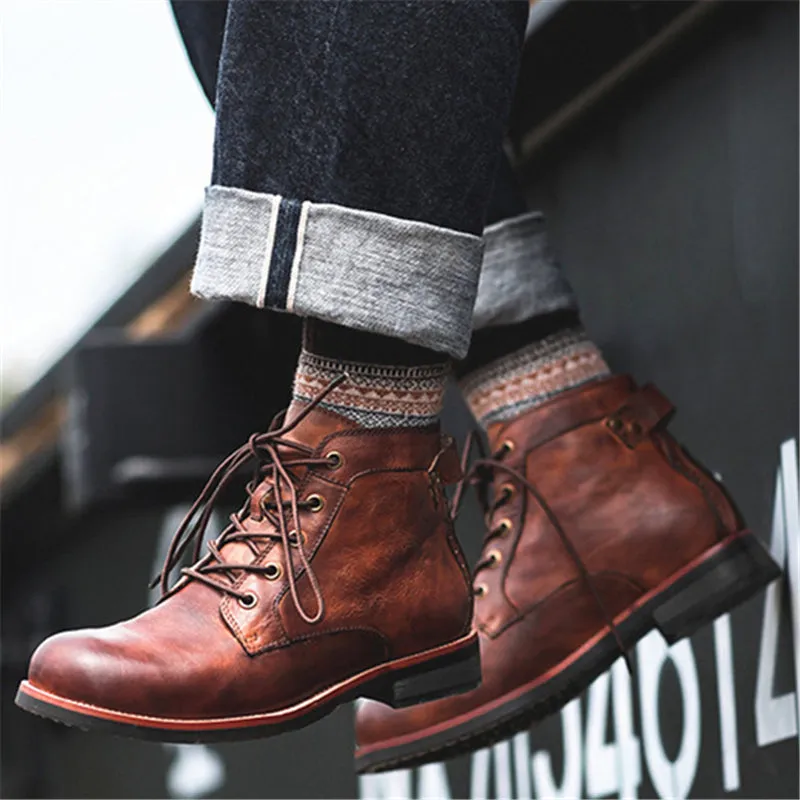 Vintage Style Flat Block Heel Front Lace-Up Fastening Ankle-Length Boots