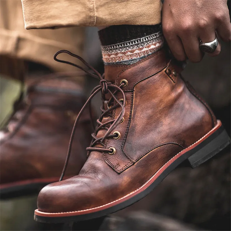 Vintage Style Flat Block Heel Front Lace-Up Fastening Ankle-Length Boots