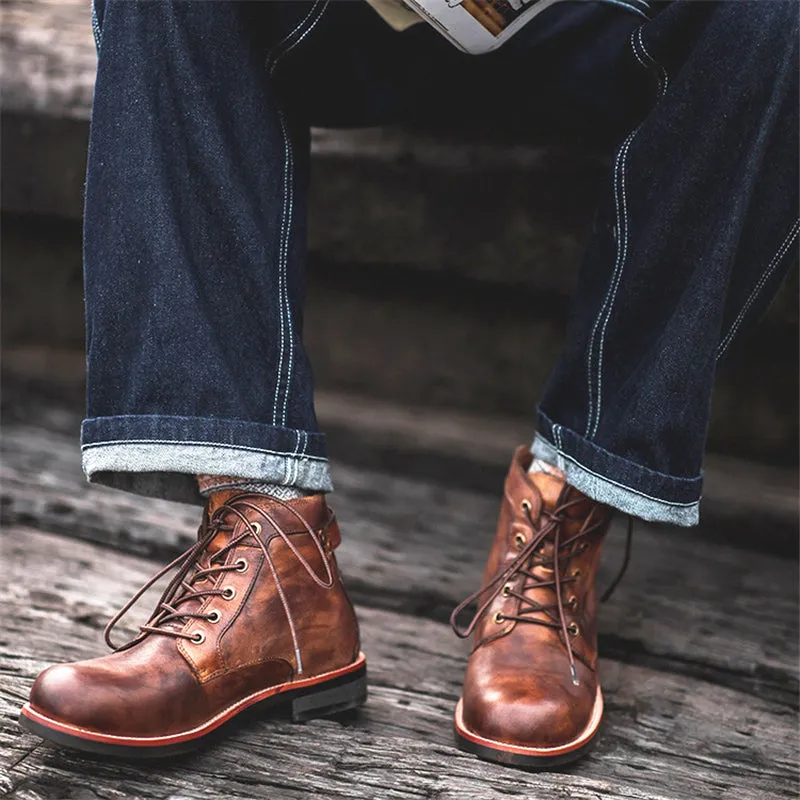Vintage Style Flat Block Heel Front Lace-Up Fastening Ankle-Length Boots