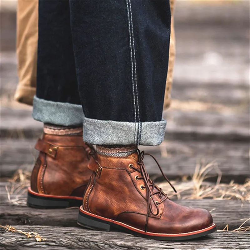Vintage Style Flat Block Heel Front Lace-Up Fastening Ankle-Length Boots