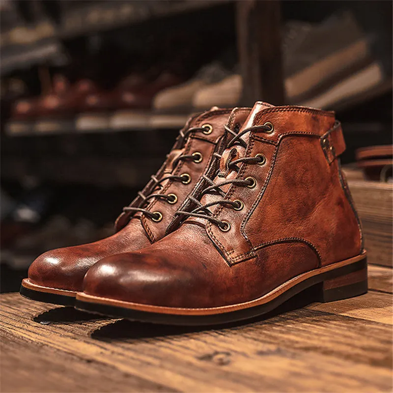 Vintage Style Flat Block Heel Front Lace-Up Fastening Ankle-Length Boots