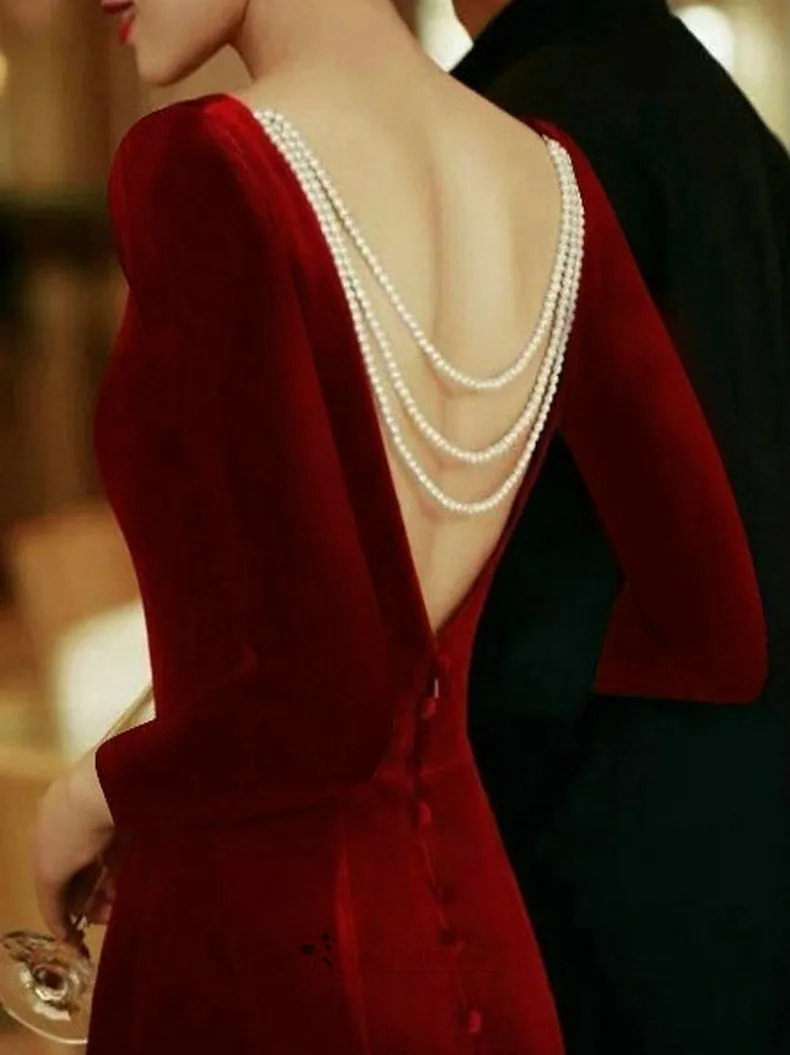 Vintage Tea Length Long Sleeve Velvet Deep Red Wedding Party Dress