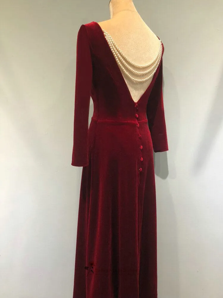 Vintage Tea Length Long Sleeve Velvet Deep Red Wedding Party Dress