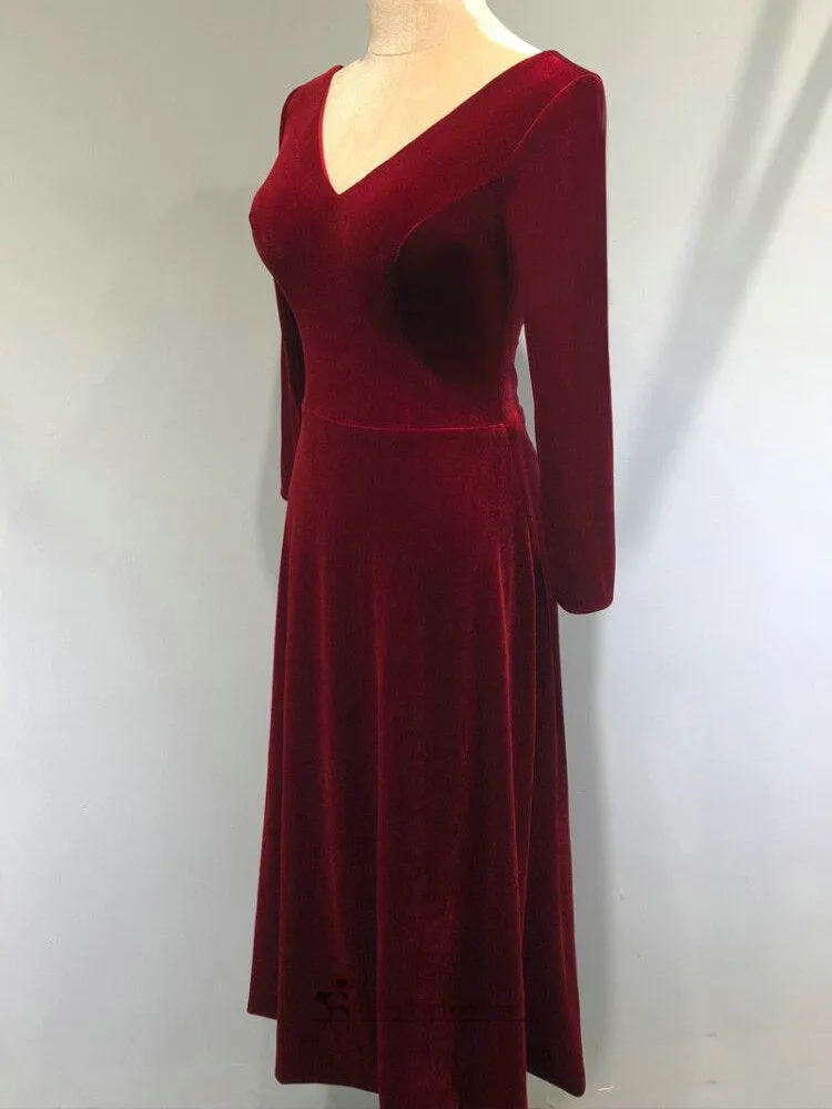 Vintage Tea Length Long Sleeve Velvet Deep Red Wedding Party Dress