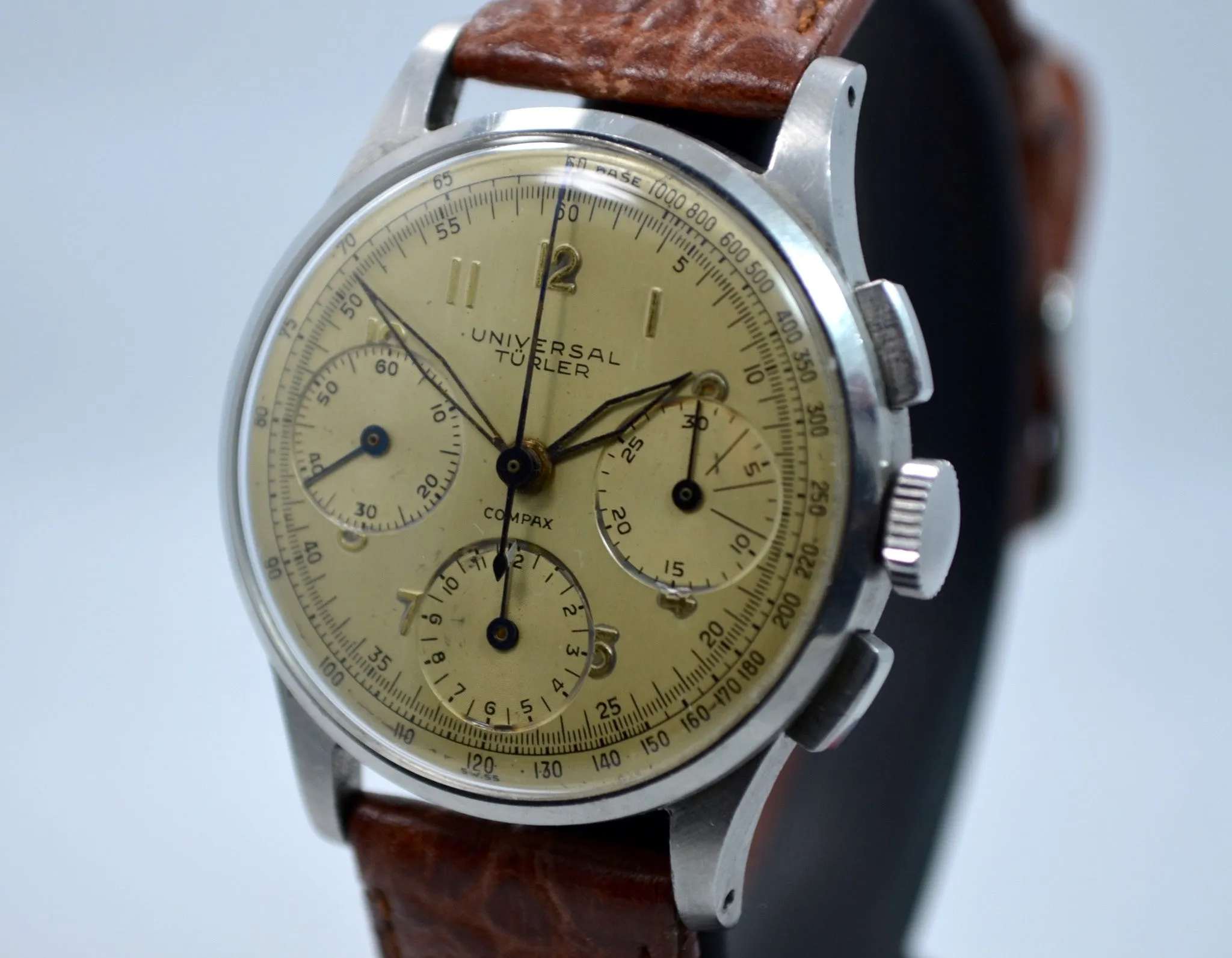 Vintage Universal Geneve Compax Türler Signed Steel Chronograph Cal. 285 Wristwatch 1950's