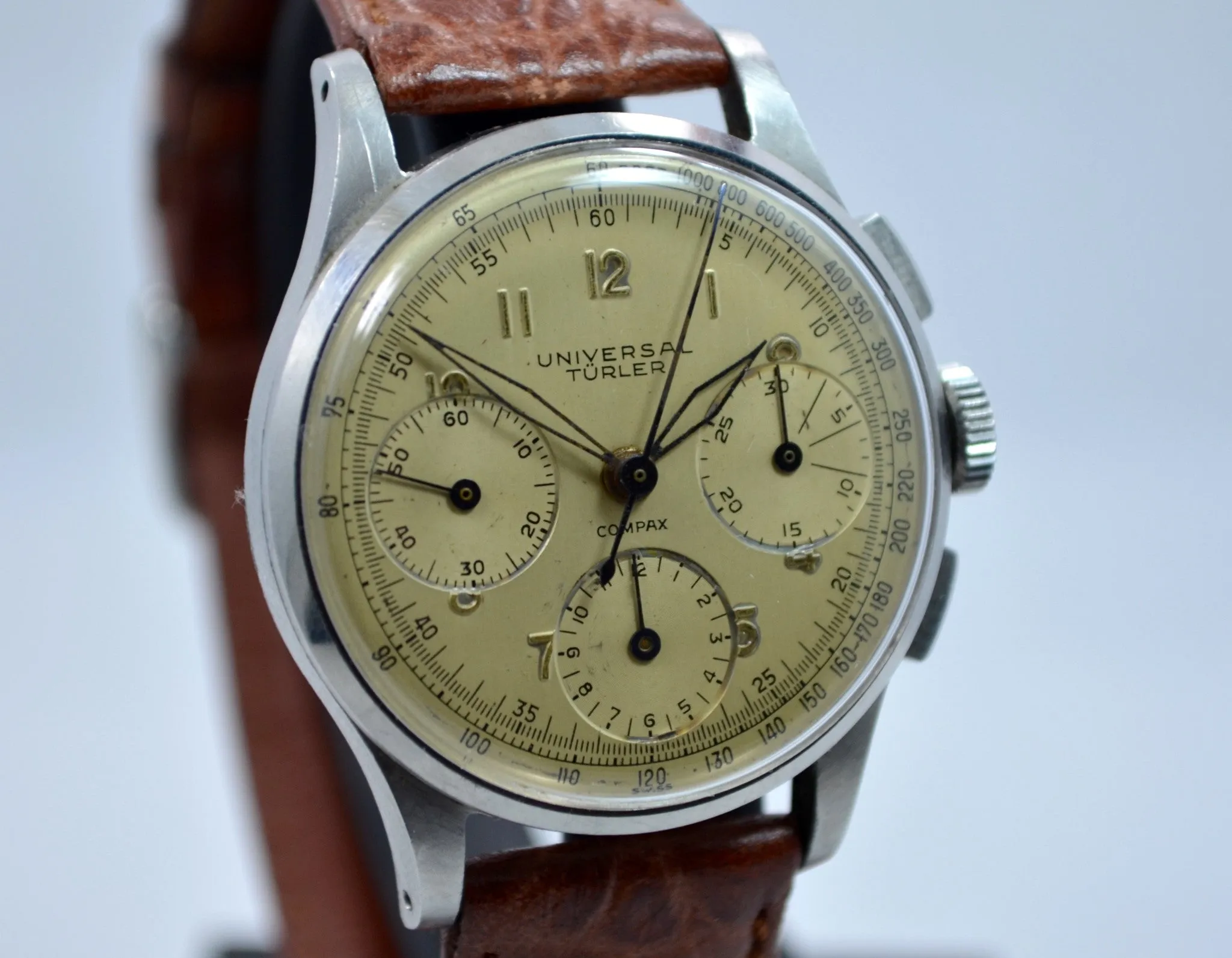 Vintage Universal Geneve Compax Türler Signed Steel Chronograph Cal. 285 Wristwatch 1950's
