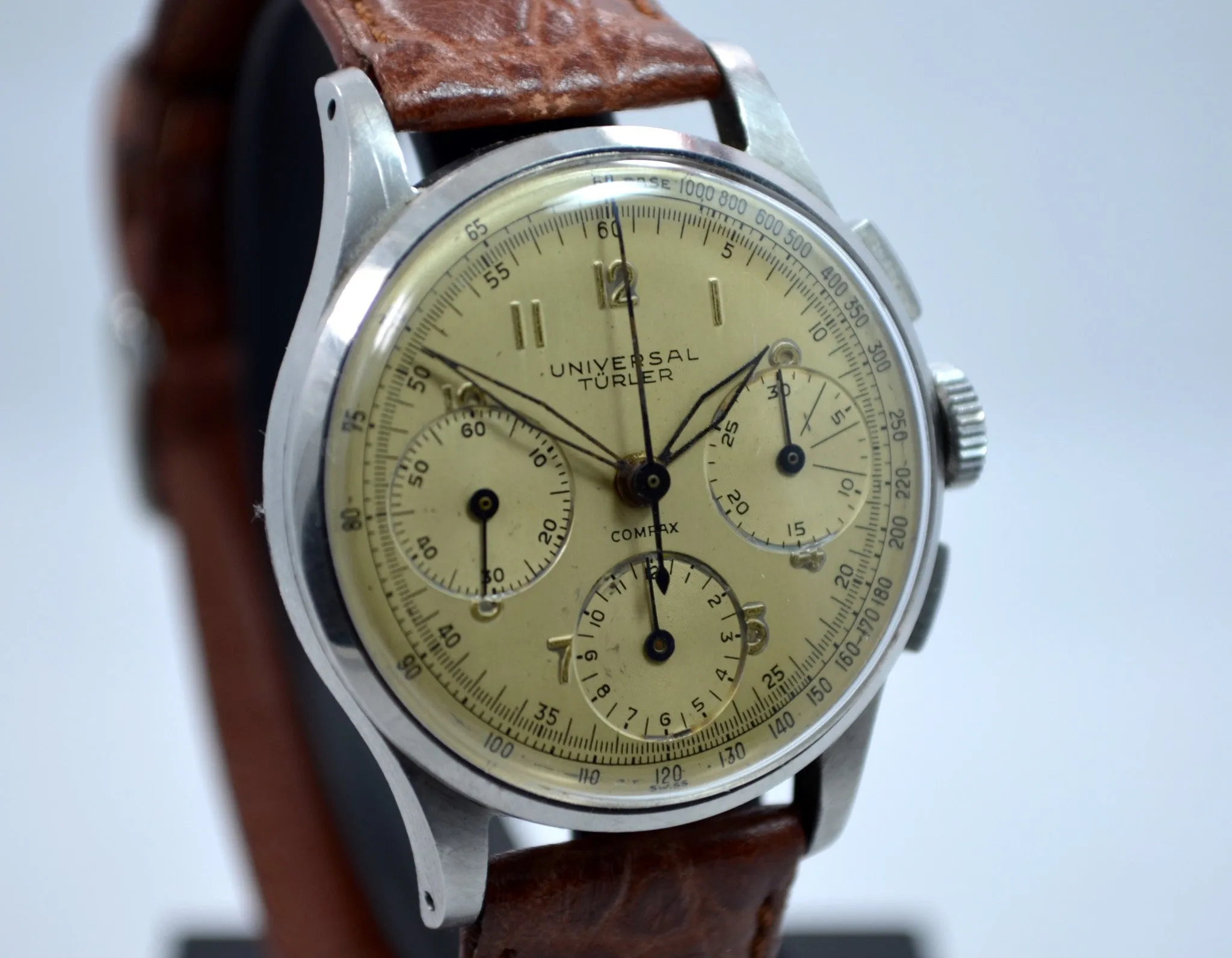 Vintage Universal Geneve Compax Türler Signed Steel Chronograph Cal. 285 Wristwatch 1950's