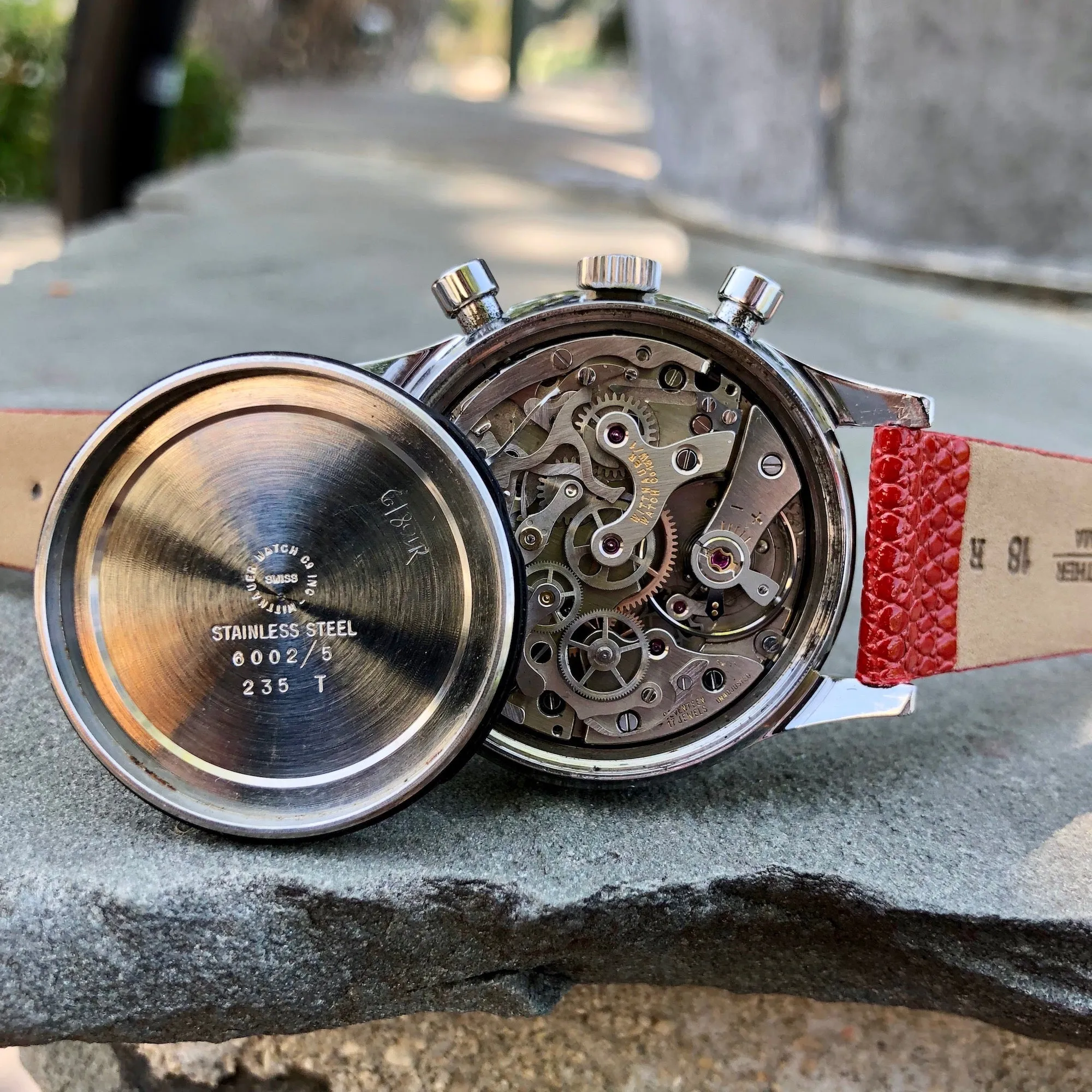 Vintage Wittnauer Professional 6002 Steel Valjoux 72 Chronograph Manual Black Red Exotic Dial Wristwatch