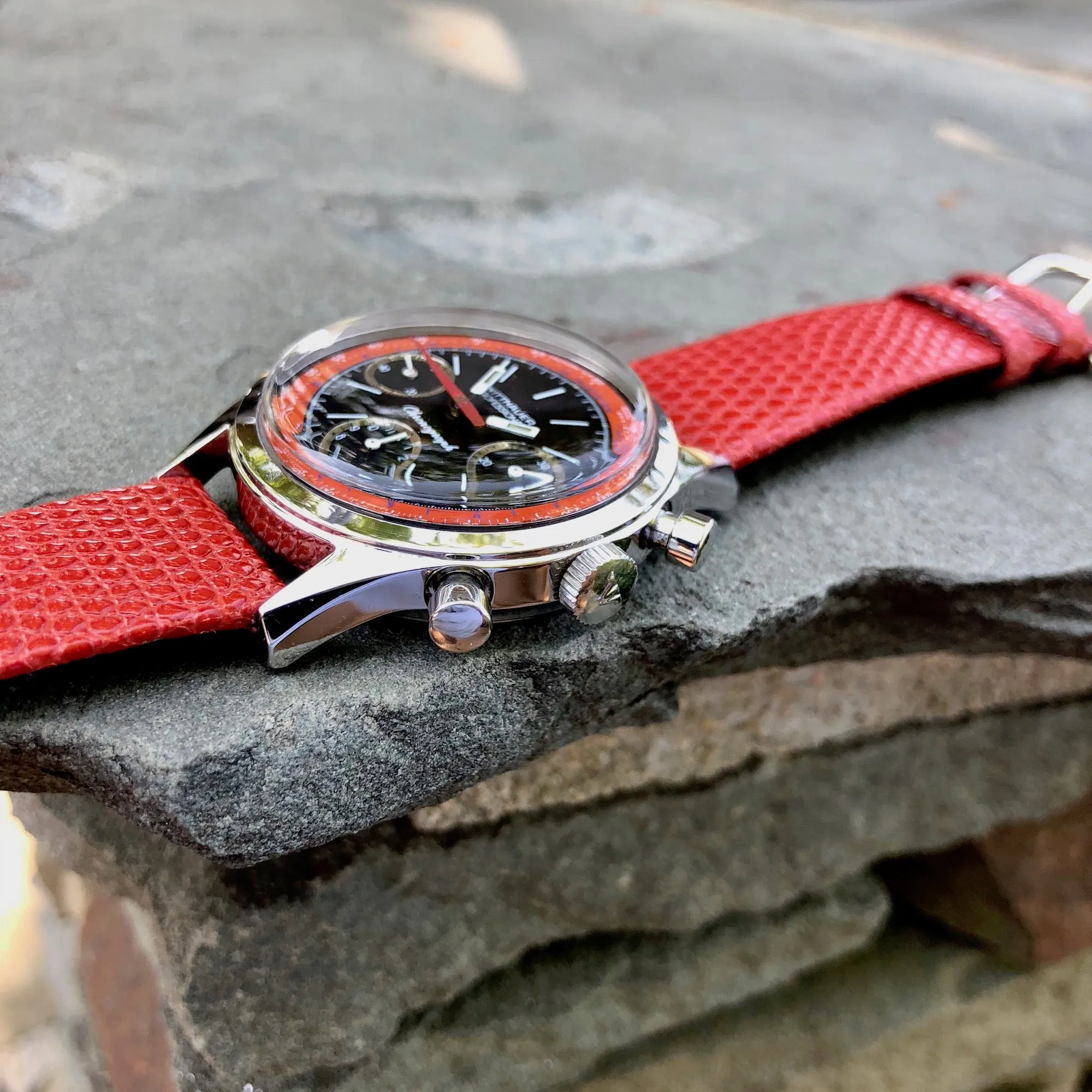 Vintage Wittnauer Professional 6002 Steel Valjoux 72 Chronograph Manual Black Red Exotic Dial Wristwatch