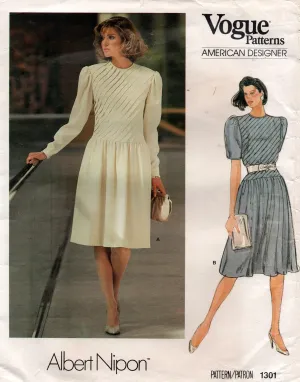 Vogue American Designer 1301 ALBERT NIPON Womens Puff Sleeved Drop Waisted Dress with Tucks 1980s Vintage Sewing Pattern Size 10 Bust 32.5 inches