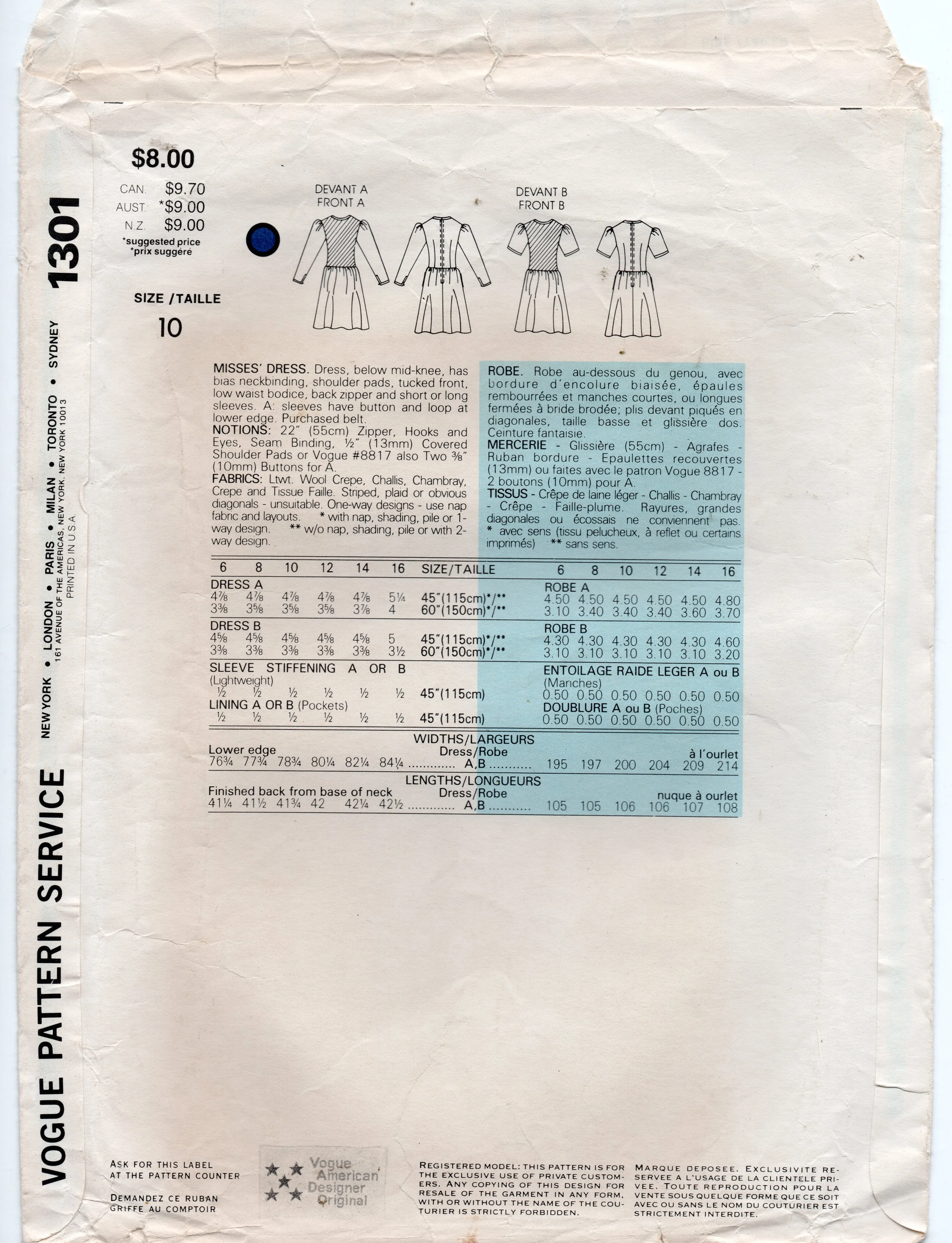 Vogue American Designer 1301 ALBERT NIPON Womens Puff Sleeved Drop Waisted Dress with Tucks 1980s Vintage Sewing Pattern Size 10 Bust 32.5 inches