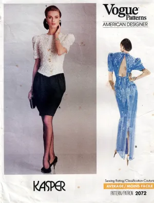 Vogue American Designer 2072 KASPER Womens Slim Fitting Evening Dress with Cutout Back 1980s Vintage Sewing Pattern Size 12 Bust 34 inches