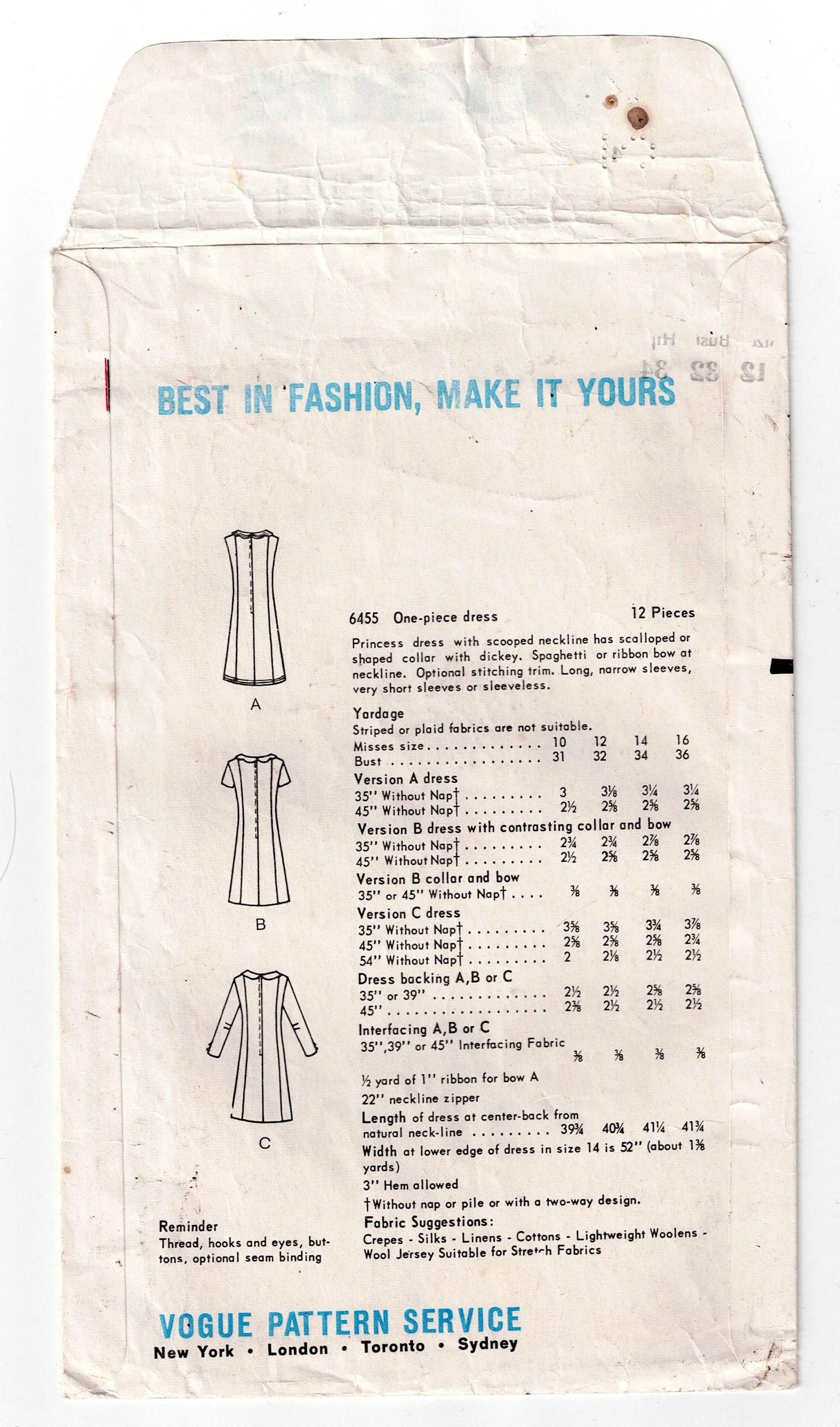 Vogue Young Fashionables 6455 Womens Panelled Shift Dress with Scalloped Collar 1960s Vintage Sewing Pattern Size 12 Bust 32 inches