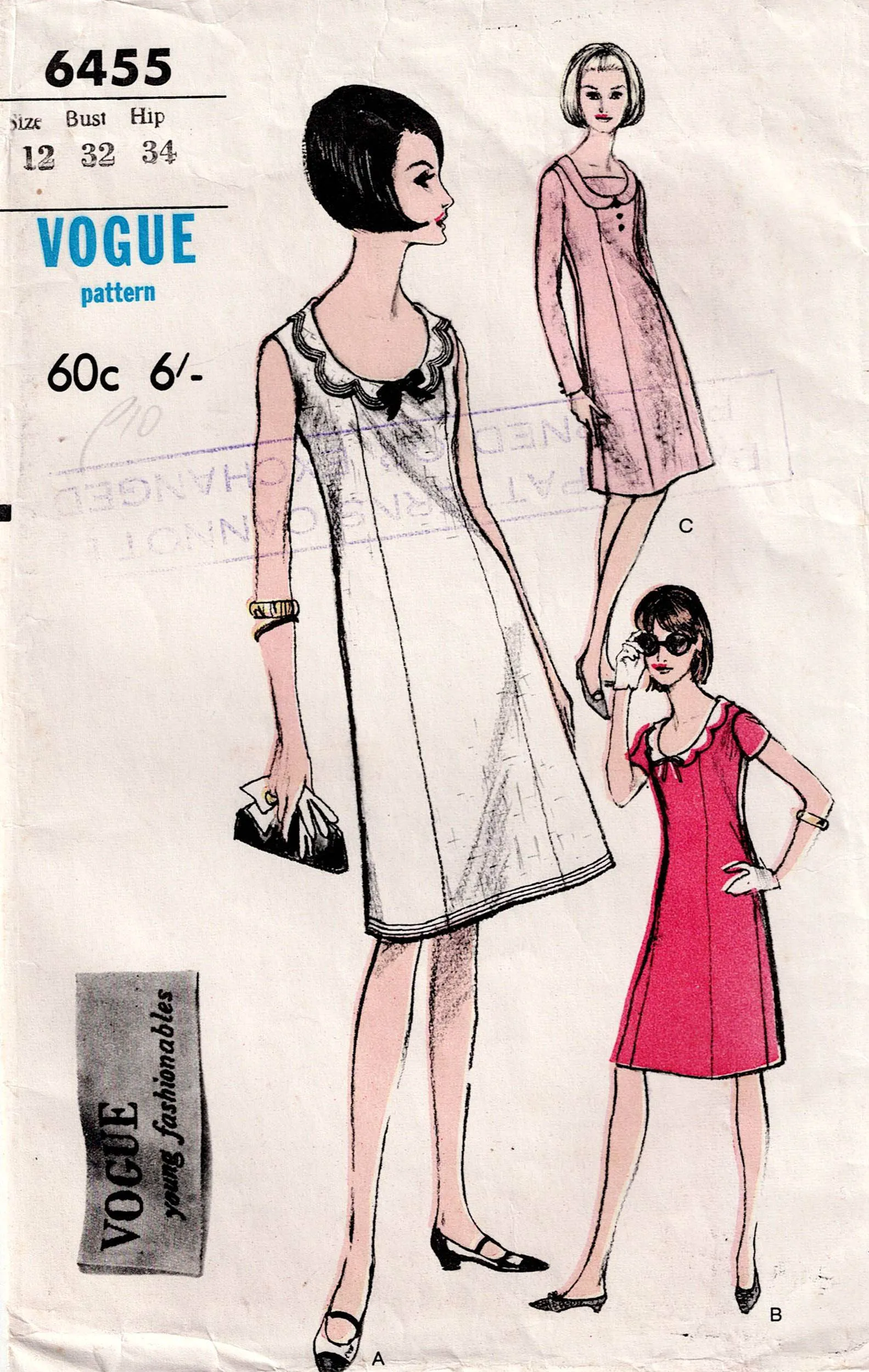 Vogue Young Fashionables 6455 Womens Panelled Shift Dress with Scalloped Collar 1960s Vintage Sewing Pattern Size 12 Bust 32 inches