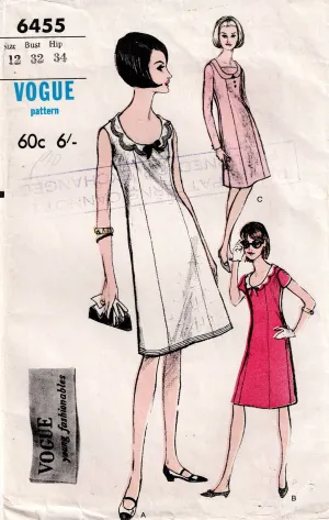 Vogue Young Fashionables 6455 Womens Panelled Shift Dress with Scalloped Collar 1960s Vintage Sewing Pattern Size 12 Bust 32 inches