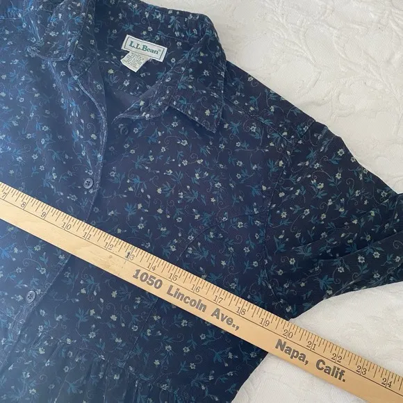 Vtg LL Bean Corduroy Floral Button Shirt Dress Pockets Long Sleeve 12 Petite