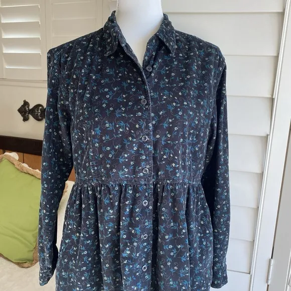 Vtg LL Bean Corduroy Floral Button Shirt Dress Pockets Long Sleeve 12 Petite