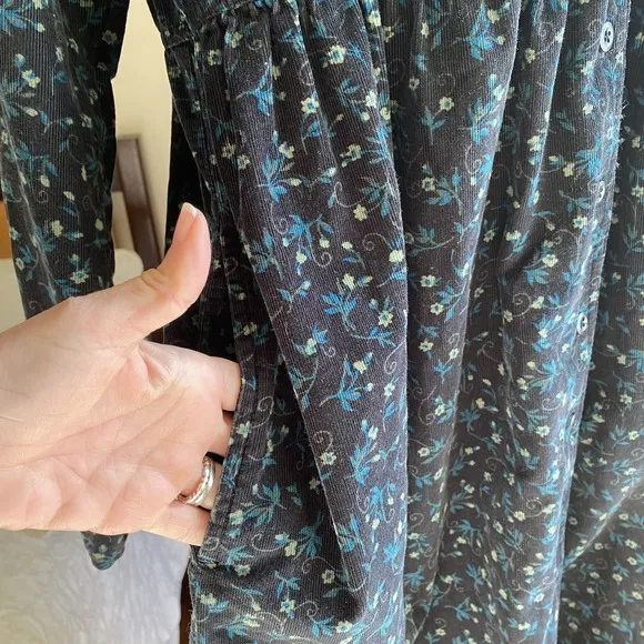 Vtg LL Bean Corduroy Floral Button Shirt Dress Pockets Long Sleeve 12 Petite