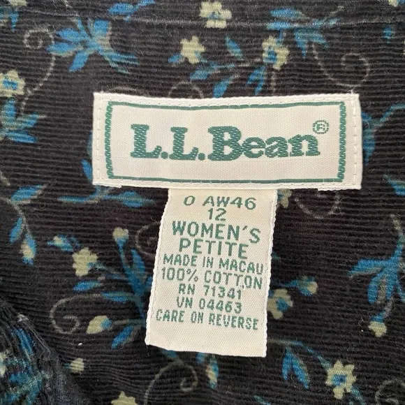 Vtg LL Bean Corduroy Floral Button Shirt Dress Pockets Long Sleeve 12 Petite