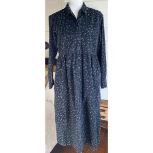 Vtg LL Bean Corduroy Floral Button Shirt Dress Pockets Long Sleeve 12 Petite