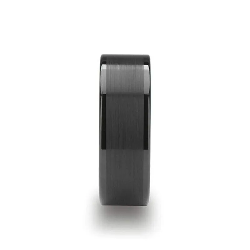 VULCAN Flat Black Tungsten Ring with Brushed Center & Polished Edge
