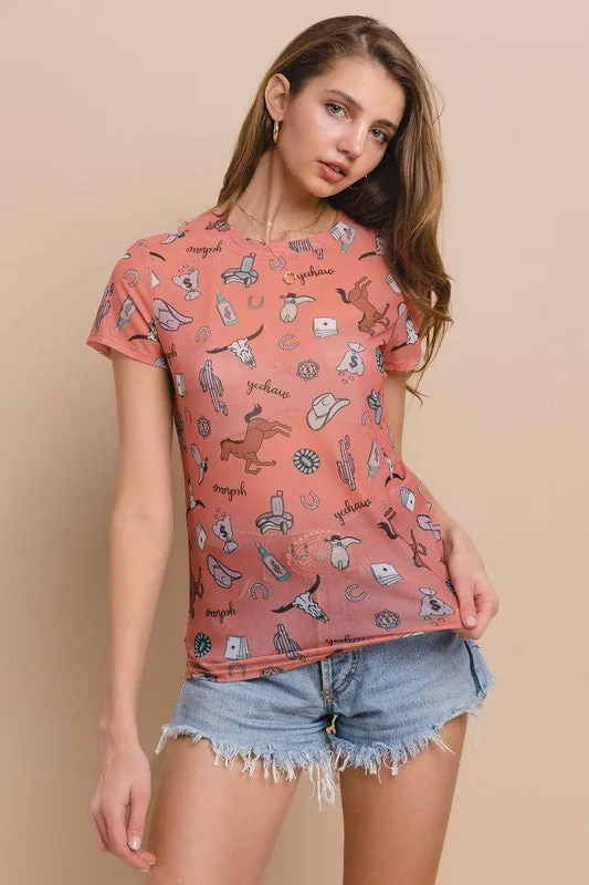 Western Playful Horses Print Mesh Casual Tee