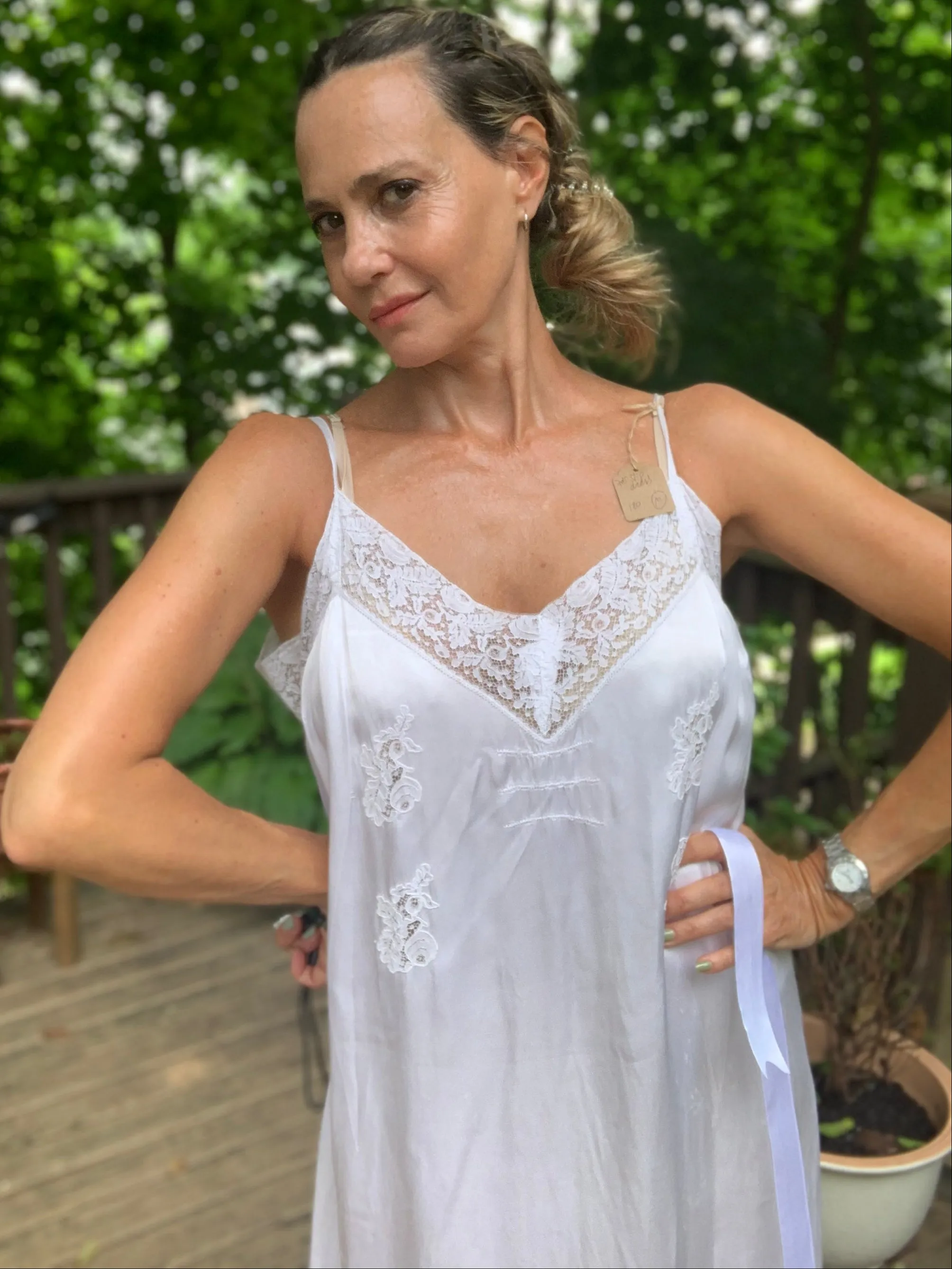 White Slip Dress - 70s L