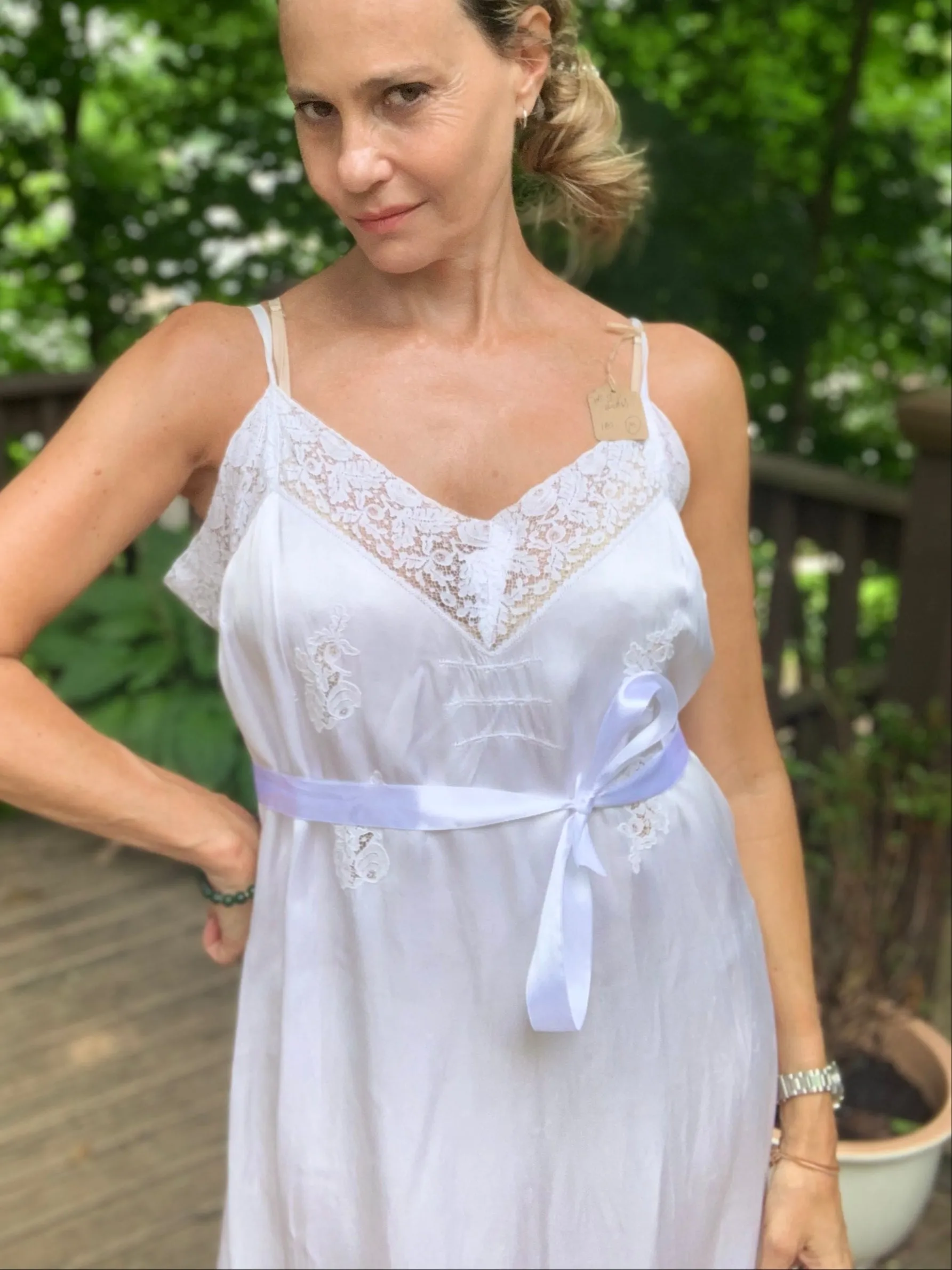 White Slip Dress - 70s L