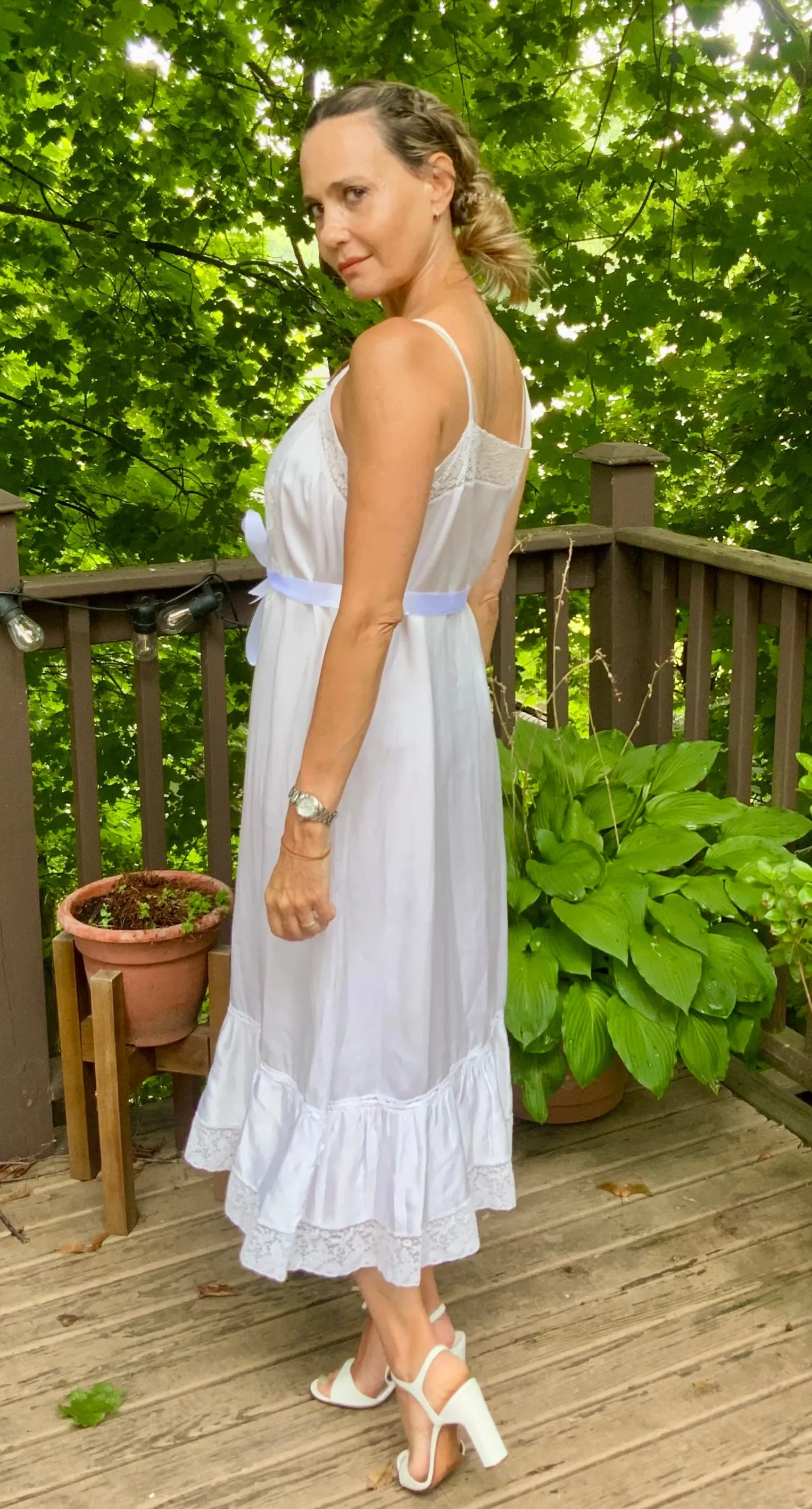 White Slip Dress - 70s L