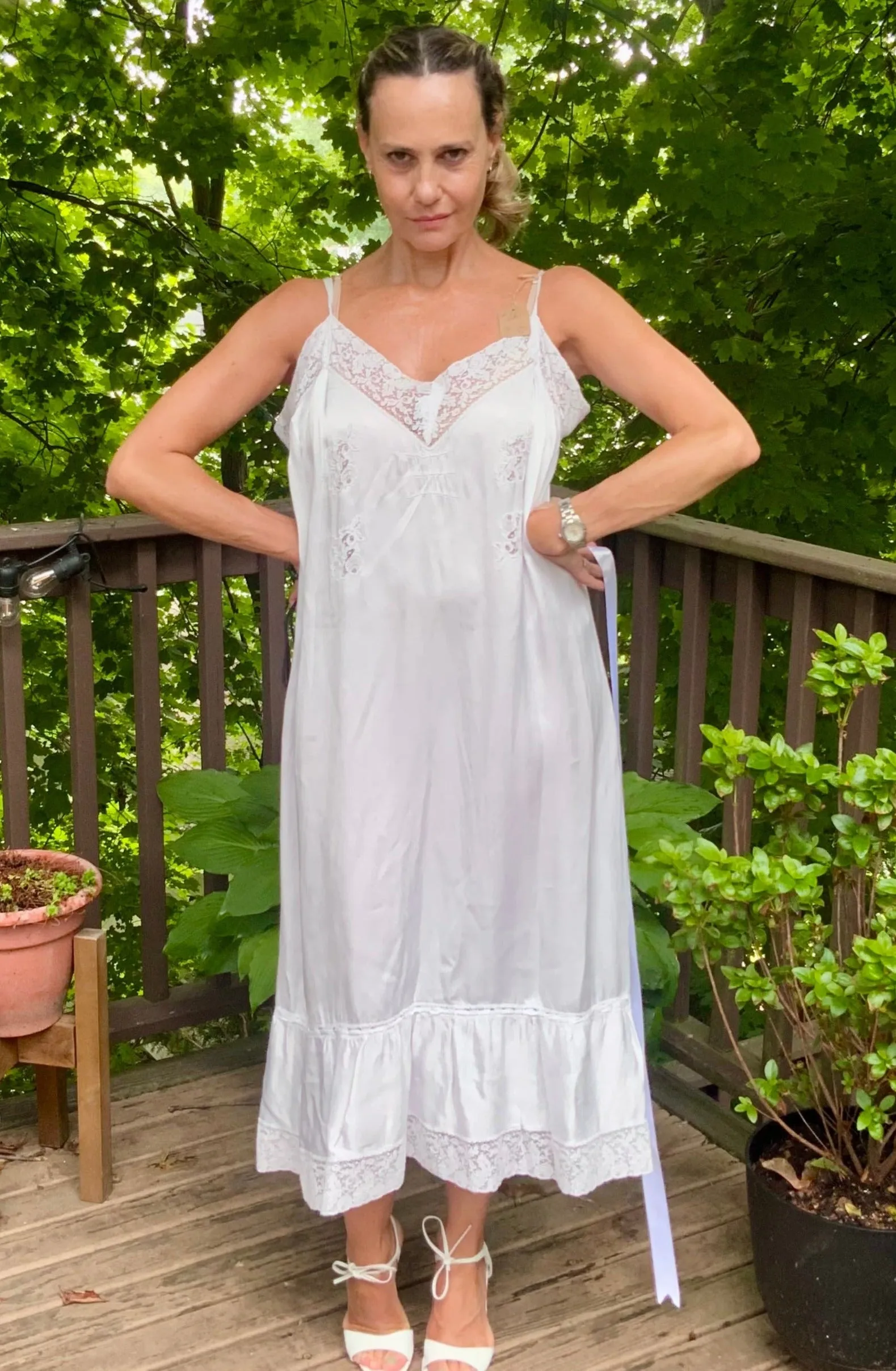 White Slip Dress - 70s L