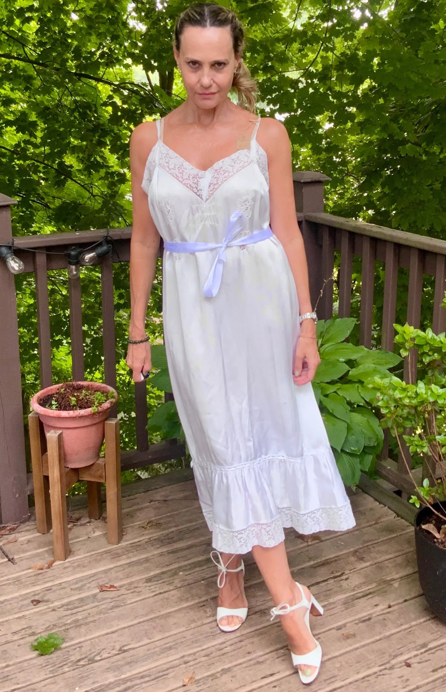 White Slip Dress - 70s L