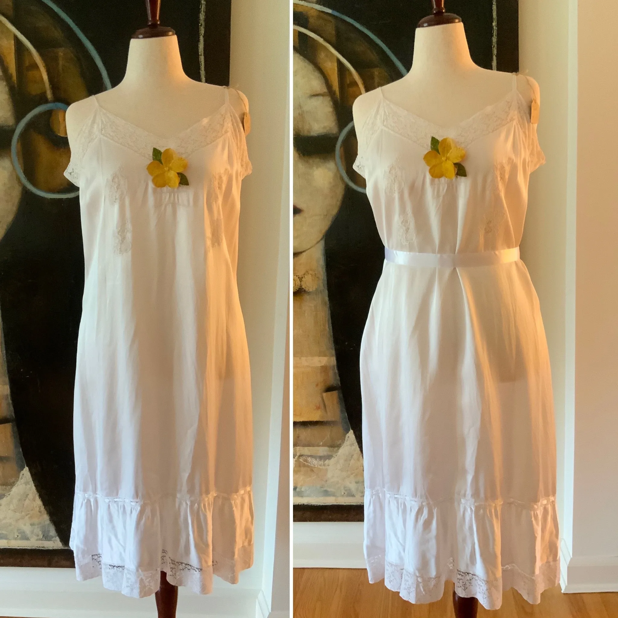 White Slip Dress - 70s L