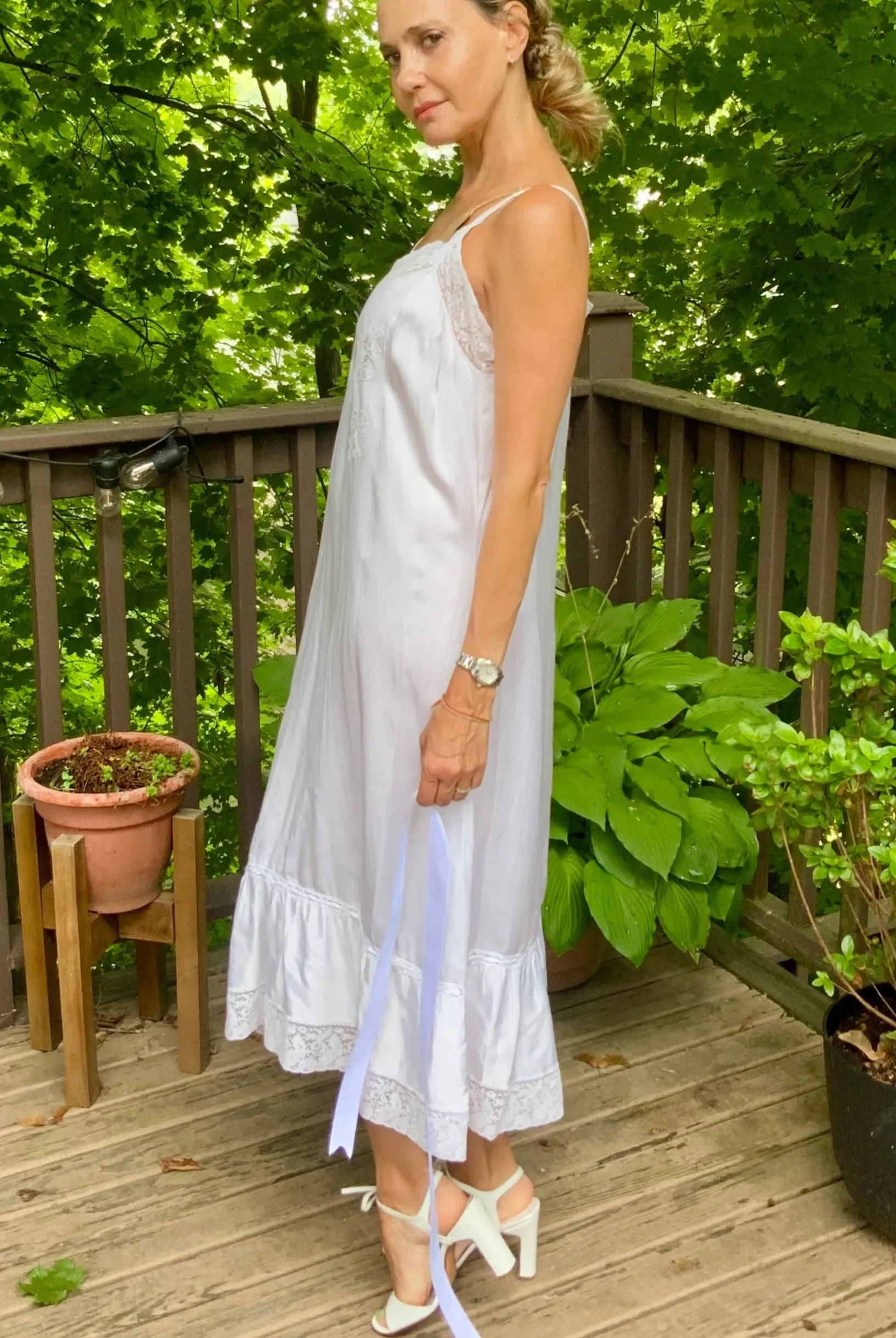 White Slip Dress - 70s L