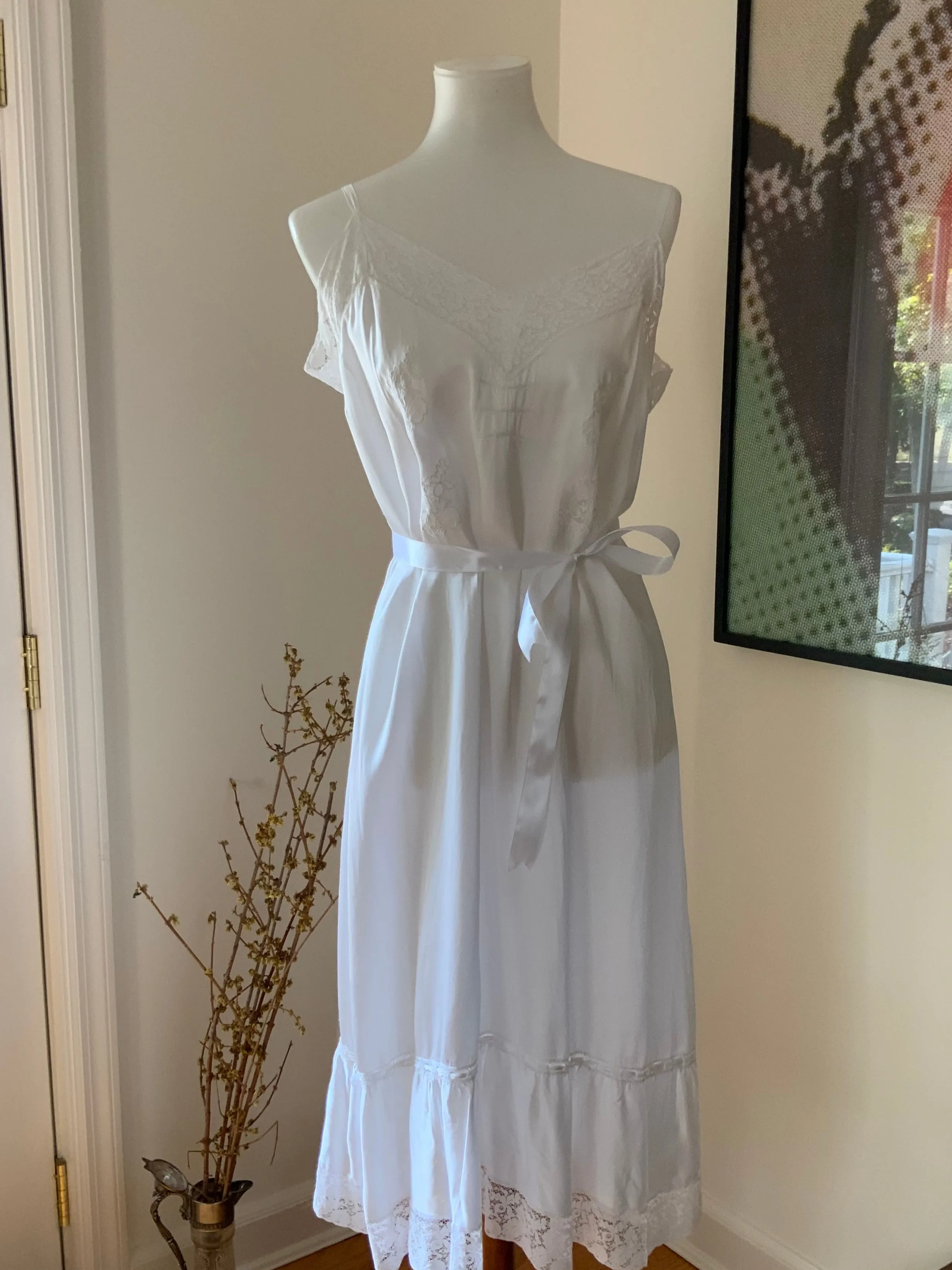White Slip Dress - 70s L