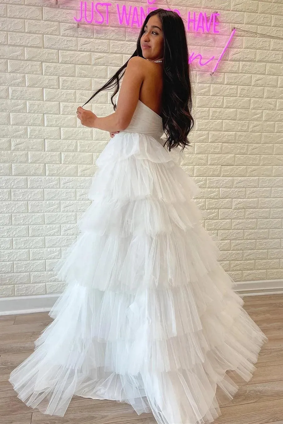 White Strapless Tiered A-Line Long Prom Dress with Ruffles  PSK410